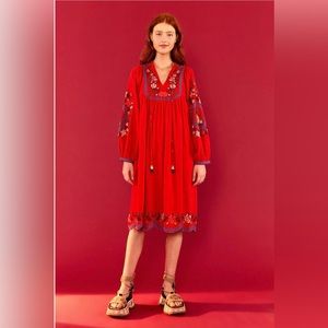 FARM RIO Red Floral Cross Stitch Embroidered Boho Beaded Midi Dress